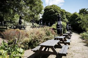 a row of picnic tables with umbrellas in a park at Castle Inn in West Lulworth