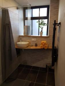 Un baño con lavabo y ventana. en Gite du Cours St Mauris Authentique et moderne, en Dole