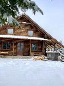 a log cabin with snow in front of it at Cabana Lupilor in Tău Bistra
