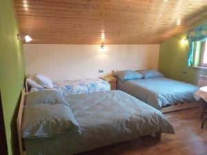 two beds in a small room with wooden ceilings at Zielona zagroda in Przyborów