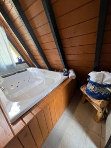 a bath tub in a room with a wooden wall at URUBICI - Cabana da Montanha in Mundo Novo