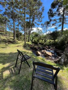 a bench sitting in the grass next to a creek at URUBICI - Cabana da Montanha in Mundo Novo