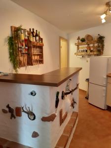 eine Küche mit einer Theke mit Tieren an der Wand in der Unterkunft FeWo Hansl`s Freiraum - Berchtesgaden - Schönau am Königssee in Schönau am Königssee