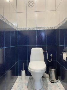 La salle de bains est pourvue de toilettes et d'un mur carrelé bleu. dans l'établissement ZWIN Apartment 2, à Skole