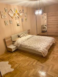 a bedroom with a bed and a mirror at Spacious Apartment next to South Park Просторен Апартамент до Южен Парк Top Location in Sofia