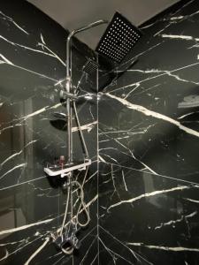 a shower in a bathroom with black marble at Hotel Blue Ottoman in Istanbul