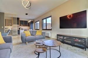 a living room with a couch and a tv at Terra - appartement à deux pas du bord de Meuse entre Namur et Dinant in Profondeville