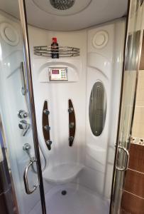 a small bathroom with a shower and a toilet at Garden Villa in Braşov