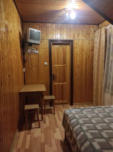 a bedroom with a bed and a desk and a television at Долина Карпат in Slavske