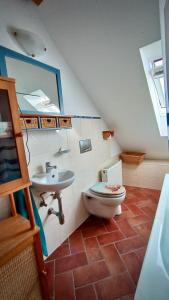 a bathroom with a toilet and a sink at Ferienappartement Rondine Bekond in Bekond
