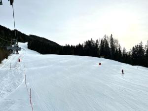 a person is skiing down a snow covered slope at Pension Lambrecht in Sankt Lambrecht