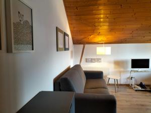 a living room with a couch and a wooden ceiling at Apartment Sant'Andrea, Brixen - Plose Ski, Hike, Bike, Nature in SantʼAndrea in Monte