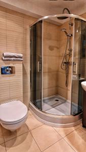 a bathroom with a shower with a toilet and a sink at Holiday Home Slavia New 505 widok na morze in Międzyzdroje
