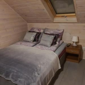 シュチルクにあるPokoje Gościnne Kacper Blisko Gondoliのベッドルーム1室(ベッド1台、ランプ付きテーブル付)