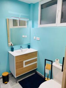 Łazienka z umywalką i niebieską ścianą w obiekcie Studio 40m2 plein pied avec parking w mieście Jussac