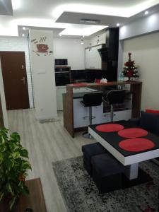 a living room with a couch and a kitchen at apartament rodzinny in Krynica Zdrój