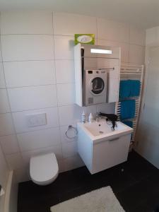 a bathroom with a sink and a toilet and a microwave at Apartment Seeblick in Arbon von Swisspartments in Arbon