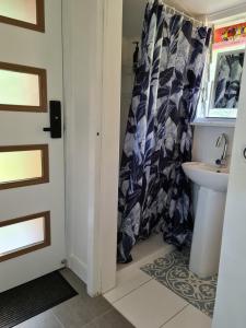 een badkamer met een douchegordijn en een wastafel bij Armies apartment in Sarina