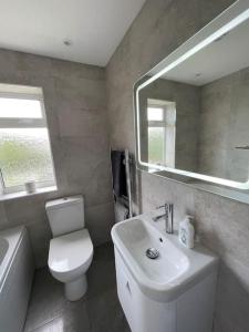 哈羅蓋特的住宿－Modern Cottage Style House with Log Burner，一间带卫生间、水槽和镜子的浴室