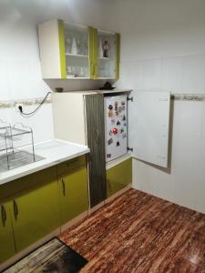 cocina con armarios verdes y blancos y nevera en Schöne Wohnung mit WiFi und parkplatz auf der Straße, en Oliva