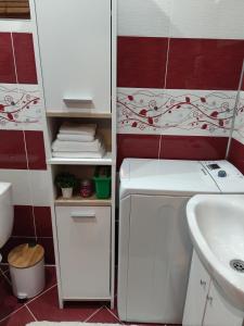 a small bathroom with a sink and a white refrigerator at Dream Apartment in Bansko +15 photos