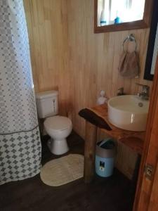 ein kleines Bad mit einem Waschbecken und einem WC in der Unterkunft Cabañita Sustentable El Este Cochamó in Cochamó