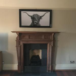 a fireplace with a painting of a bear on the wall at Ashtree House Hotel, Glasgow Airport & Paisley in Paisley