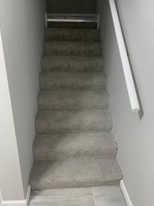 シンシナティにある6 BR Home Just Minutes From Downtown Cincinnatiの灰色の絨毯の家の階段