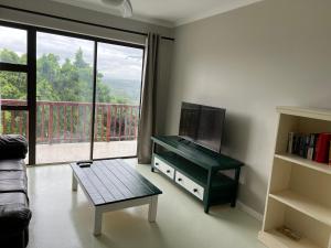 a living room with a tv and a table and a window at Fever Tree B&B in East London