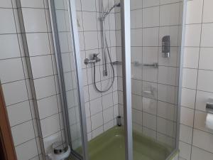 a bathroom with a shower with a glass door at Pension Waldeck Fleckl in Warmensteinach