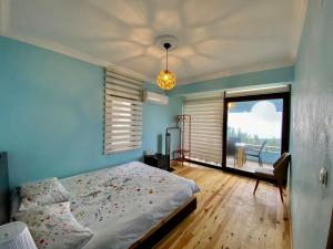 a bedroom with blue walls and a bed and a window at Iznik Askania in İznik