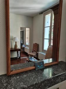 uno specchio su un bancone in soggiorno di Chambres d'hôtes VILLA ALEXINA a Trôo