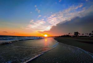 Sleeping Elephant Beach Resort في تانجالي: غروب الشمس على الشاطئ مع المحيط