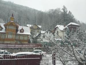 une ville recouverte de neige avec des bâtiments et des arbres dans l'établissement Ţestoasa Montana Sinaia, à Sinaia