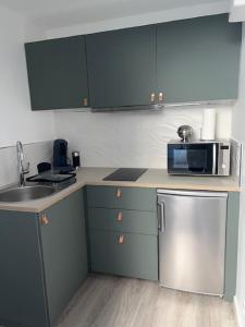 une cuisine avec un évier et un micro-ondes dans l'établissement Un havre de paix en plein coeur de ville près Chu, à Clermont-Ferrand