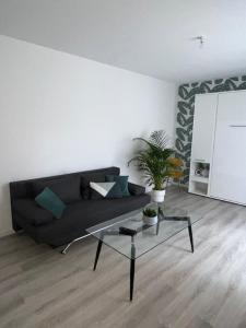 a living room with a couch and a glass table at Un havre de paix en plein coeur de ville près Chu in Clermont-Ferrand