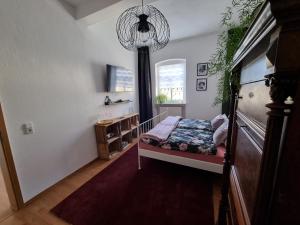 1 dormitorio con cama y lámpara de araña en Gigi's Ferienwohnung Nr. 1, en Oschersleben