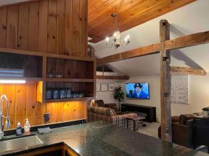 a kitchen and living room with wood paneling and a ceiling at Froggy Goggle Barn in Marathon