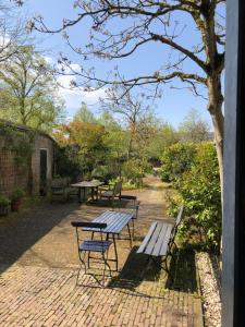 un gruppo di tavoli da picnic e panchine in un parco di Monumental villa at the forest close to Haarlem and the beach a Heemstede
