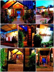 a collage of photos of a building at night at Sofa Gallery Hotel in Nong Khai