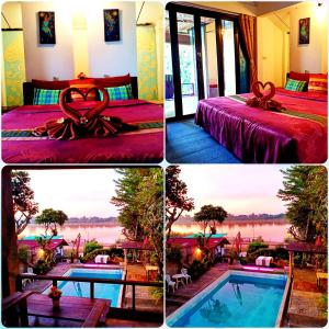 four pictures of a hotel with a pool and a bed at Sofa Gallery Hotel in Nong Khai