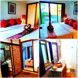 a collage of four pictures of a hotel room at Sofa Gallery Hotel in Nong Khai