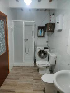a bathroom with a toilet and a shower and a sink at Molino Elidio in Pontones