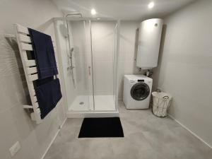 a bathroom with a shower and a washing machine at Bon encontre, Allée de la vierge in Bon-Encontre