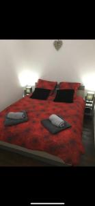 Un dormitorio con una cama roja con almohadas. en Chez Ben et Maé, en Rouffach