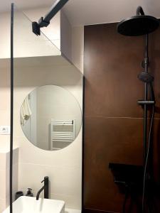 un baño con espejo y lavabo en Igla House, en Baia Mare