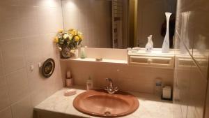 a bathroom with a sink and a vase of flowers at la Maison d'Arbouet in Nanteuil-la-Fosse +17 photos