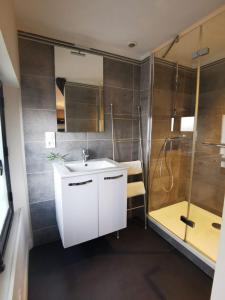 La salle de bains est pourvue d'un lavabo blanc et d'une douche. dans l'établissement Au Saint Martin 2, à Cholet