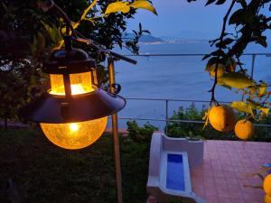 eine von einem Baum hängende Lampe mit Meerblick in der Unterkunft Casa Nettuno in Vietri