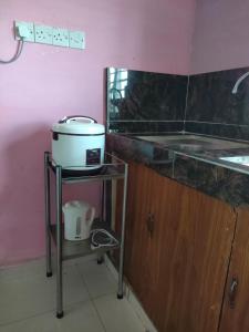 una cocina con encimera y un aparato en un estante en Izz Homestay Sawah Padi Sungai Besar !, en Kampong Parit Ten